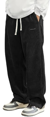 Generico Pantaloni Velluto A Coste Uomo Pantaloni Baggy Uomo Invernali Giapponesi A Coste Largo Taglio Dritto Modello con Vita Elasticizzata E Cordino Casual Pantalone Giapponesi (Black-d, L)