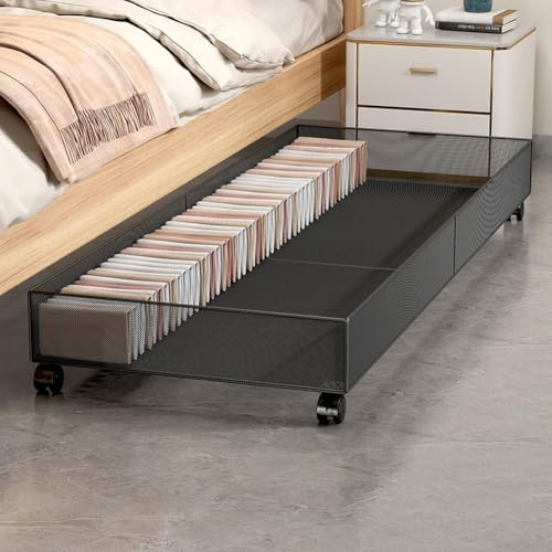 QuivyLivy Scatola portaoggetti in metallo sotto il letto con ruote, organizer di grande capacità per vestiti e scarpe, contenitore in ferro resistente con rotelle (nero)