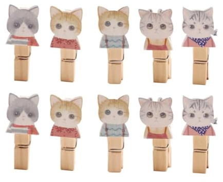 HEALEEP Mollette Portafoto con Corda da 1.2m 10pezzi in Legno a Forma di Gatto Resistenti Decorazioni la Casa Multifunzione per Parete e Camera