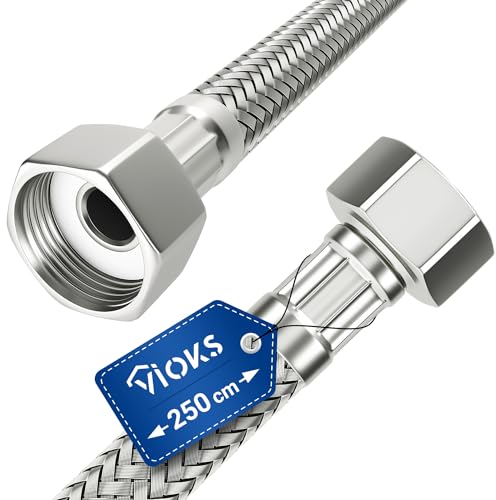 VIOKS 1/2 Zoll Schlauch (19,3mm) Überwurf Beidseitig 250 cm & Verlängerungsschlauch Anschlussschlauch Armatur Flexibler Schlauch für Wasserhahn Eckventil Waschtisch Küchenarmatur Bad WC Spülkasten