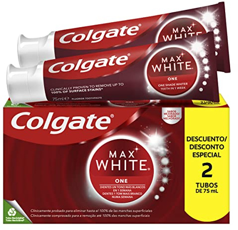 Colgate Max White One Pasta de Dientes Blanqueadora, Pack 2 Uds x 75ml, Dentrifíco Blanqueador, Dientes 1 Tono Más Blancos en 1 Semana, Elimina Manchas Superficiales