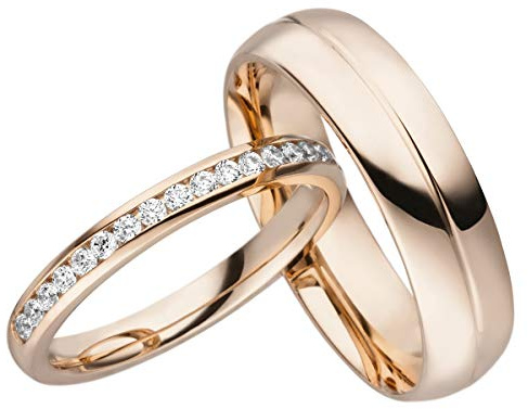 JC Trauringe Silber 925 Paarpreis Eheringe Rotgold Plattiert I Verlobungsringe Partnerringe mit Gravur in edler Schatulle I 2 Hochzeitsringe Herrenring 6,0 mm & Damenring mit Steinen 2,7 mm I LC105-P
