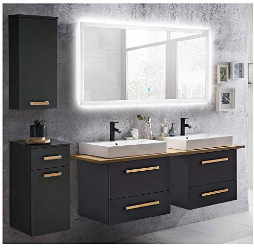 Lomadox Badmöbel Waschplatz Set mit Doppel-Waschtisch DABO-04 in anthrazit mit Landhaus Eiche, B/H/T 210/200/50 cm