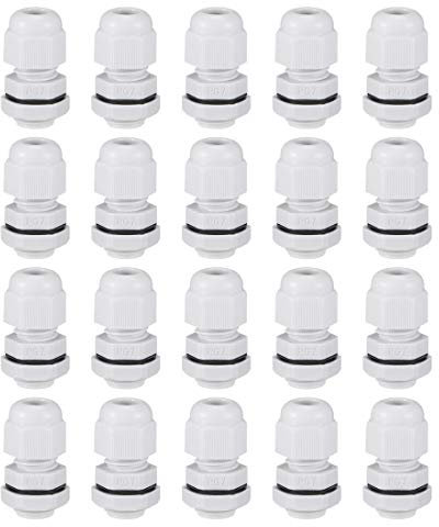 sourcing map PG7 Cable Abrazadera 2mm-5mm Cable Agujero Impermeable Nylon Junta Ajustable Contratuerca con Arandela Blanco 20Uds