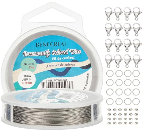 BENECREAT Filo per Perline In Acciaio Inossidabile Da 0.38mm A 7 fili con 200 anelli di Congiunzione, 50 pz Perline A Cricchetto e 30 pz Fermagli A Moschettone per La Creazione di Gioielli