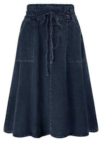 KANCY KOLE Women Jean Skirt Midi Length Elastic Waist A-Line Denim Skirt for Summer Spring M Dark Blue