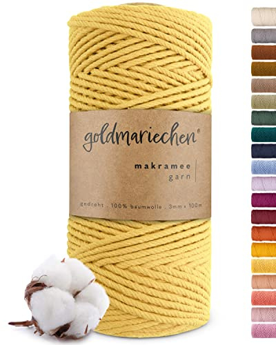 goldmariechen - Premium Makramee Garn (Sonnengelb) 3mm x 100m - 100% Baumwolle - Makrameegarn Baumwollgarn für DIY-Handwerk wie Halskette, Armband, Schlüsselanhänger, Lampenschirm zum selber Machen