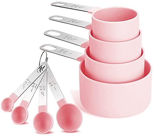 8 Stück Messlöffel Set, Messbecher und Messlöffel aus Kunststoff mit 4 Messbechers und 4 Messlöffel mit Edelstahlgriff,Measuring Cups and Spoons Set für Messungen in der Küche beim Kochen und Backen