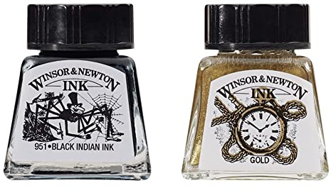 Winsor & Newton Tinta para Dibujo Drawing Ink - frasco de 14ml, tinta china negra, indian ink, resistente al agua y la luz + Tinta de Dibujo, Dorado (Gold), 14ml