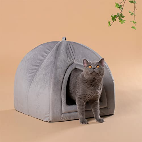 KASENTEX Katzenbett für Indoor-Katzen, 2-in-1 Katzenhaus Haustierbedarf für Kätzchen und kleine Katze oder Hund - Tierhöhle, Katzenzelt mit abnehmbarem waschbarem Kissenkissen (Grau, 15 x 15 x 15 cm)