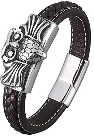Ayoiow Männer Armband Indianer, Edelstahl Armband Herren Armband Leder Vintage Braun Armreif mit Eule