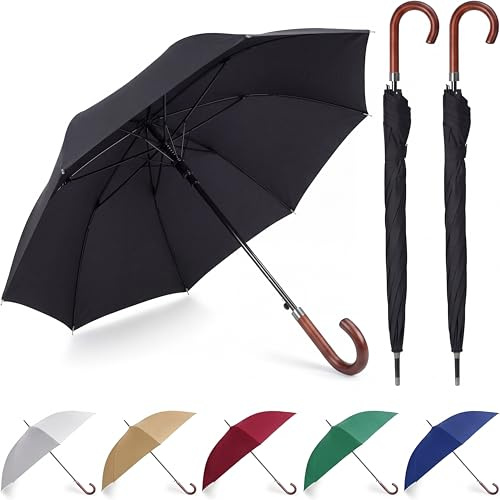 Silkfly 2 Pcs 2/4/6 Pcs 48 Auto Open Umbrella Large Wooden J Stick Handle Vintage Windproof Travel Wedding Fast Drying Umbrella (Black)
