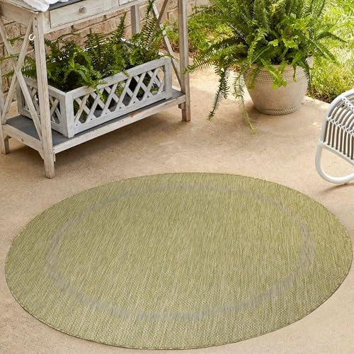 Carpetsale24 Outdoor Teppich Rund 160 cm Grün Bordüre Design Flachgewebe Wetterfest Waschbar für Wohnzimmer Schlafzimmer Esszimmer Balkon Terrasse Garten