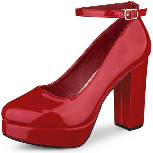 Allegra K Décolleté Mary Janes da donna con plateau e cinturino alla caviglia tacco, Rosso, 40 EU