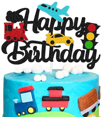 UXYOKM Transportations - Decoración para tarta de feliz cumpleaños, tren, avión, coche, semáforos, decoración de pasteles para tema de vehículo, baby shower, suministros de fiesta de cumpleaños