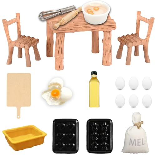 19 Stück Miniatur Wichtel Zubehör, Mini Puppenhaus Zubehör, Miniatur Tisch Küche Wichtelhaus Zubehör, Miniatur Tisch Stühle Puppenhaus Möbel, Miniatur Wichtel Backset