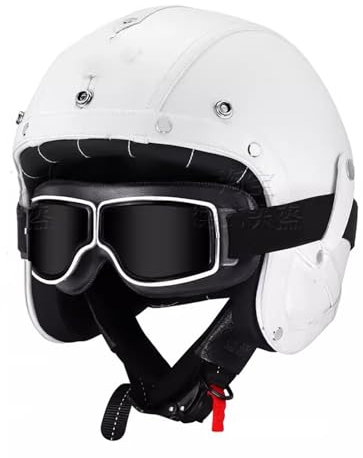 Vintage-Motorrad-Leder-Halbgesichtshelm Offener Helm DOT/ECE-Geprüft Mit Schutzbrille Für Moped-Roller Herren Und Damen B,M57-58CM