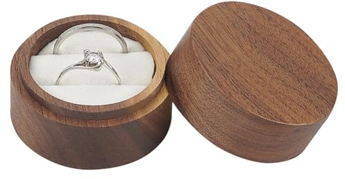 FINGERINSPIRE Runde Ringbox Aus Walnussholz 4.9x3.6 cm Massivholz Ringbox Paarring Aufbewahrungsbox Mit Weißem Samt Innen 2 Schlitze Ring Geschenkbox Für Heiratsantrag Verlobung Hochzeit Valentinstag