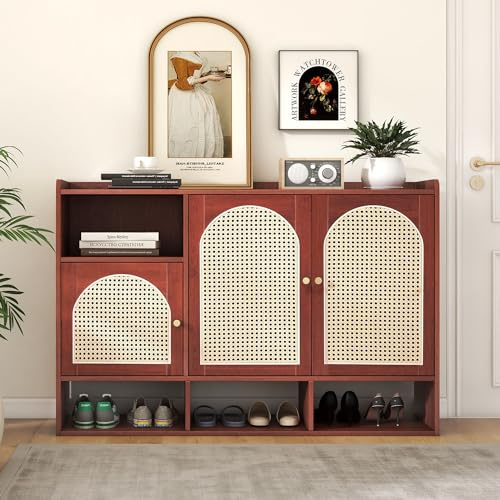 Idemon Elegante aparador de ratán de color nogal, 3 puertas curvas, 4 compartimentos abiertos, 120 x 36 x 80 cm, aparador, zapatero, armario de esquina