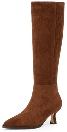 Modatope Kniehohe Stiefel, Kätzchen, niedriger Absatz, Kunstleder, spitzer Zehenbereich, seitlicher Reißverschluss, Herbst, lang, hohe Stiefel für Damen, Braun Wildleder, 40 EU