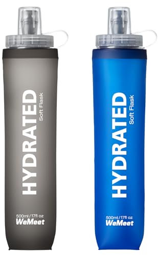 WEMEET Botella Plegable 500ml, TPU Soft Flask con Escala de Volumen, Botella Deportiva sin BPA, para Senderismo, Footing, Camping, MontañIsmo (Azul y Gris, Pack de 2)