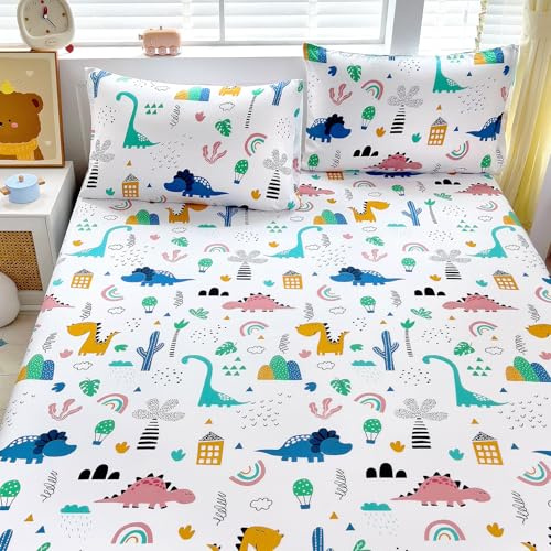 Homilay Queen Sheet Set Kids - Dinosaur 4 Pieces Soft Microfiber Cartoon Style Bedsheets for Boys Girls Teens, Oeko TEX, Breathable Deep Pocket Sheets(Dinosaur)