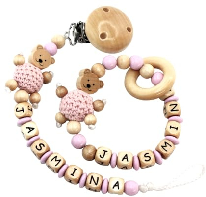 personalisierte Kette mit Namen für für Mädchen oder Junge Baby Geschenk personalisiert zur Geburt & Taufe Große Farbauswahl (Rosa Teddy)