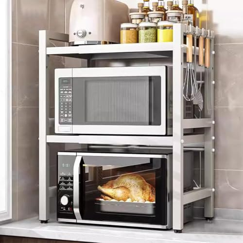 YENTAKE Küchenregal(3-stufig) - Ausziehbarer Mikrowellenständer mit 6 Haken, 40-64cm Mikrowellen Regal,Quadratische Röhre Gewürzregal, Höhenverstellbare Mikrowellenhalterung,Organizer (Weiß)