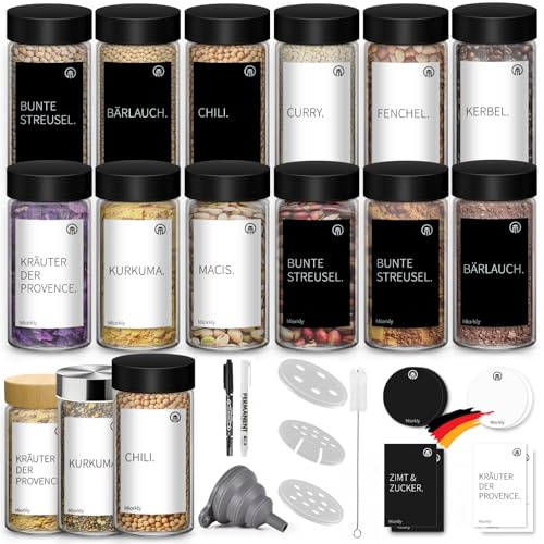 Miorkly 12 Rund Gewürzgläser mit Streueinsatz - Schwarzer Edelstahl Deckel | Verdicktes Glas-Luftdichte Gewürzgläser Rund 100ml-Gewürzstreuer Glas - Spice Jars Set-Trichter, Etikett und Stift