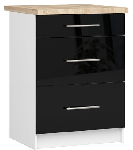 AKORD | Küchenschrank mit Arbeitsplatte - Oliwia S60 | Küchenunterschrank mit 3 Schubladen | Unterschrank Küche 60 cm Breit | ABS-Kante 18 mm | 46 x 60 x 85 cm | Weiß & Schwarz Glanz