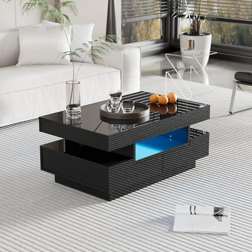 Couchtisch, Hochglanzoberfläche, mit LED-Lichtleiste, Vier Schubladen vorne und hinten, großer Stauraum,80 * 50 * 36cm (Schwarz)