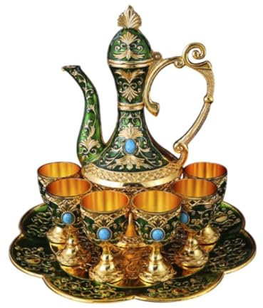 MagiDeal Tetera, Bandeja de té, Tazas de Metal, Juego de Jarra de Copa de Vino de Metal, Taza de café turca, Kits de Vino Europeo para Fiesta, Cocina, Verde