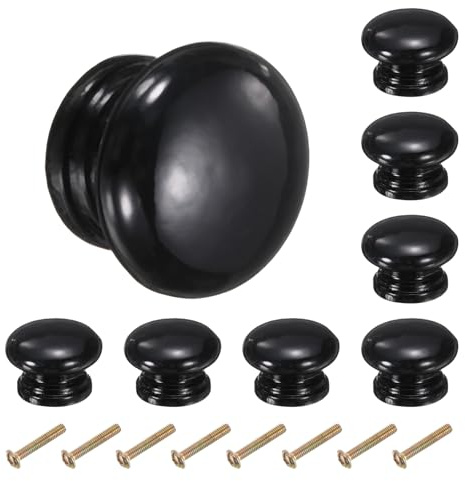 QUARKZMAN 8 Stück runde Holzknöpfe, 33mm/1,3 Pilzform Küchenschrankknöpfe Einzel Loch Schubladenzuggriff Möbelgriffe Dekorative Möbel für Schublade Kommode Kleiderschrank, Schwarz