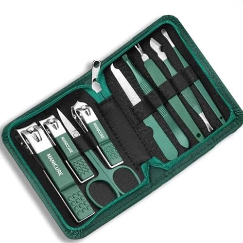 YQINQIN83B Nagelknipser-Set Grünes 9-teiliges Maniküre-Set mit Ledertasche, professionelle Fuß- und Gesichtspflege-Werkzeugsets, Nagelknipser-Sets aus Edelstahl, Geschenk Maniküre-Pediküre-Set