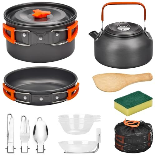 Onherm 13 Teilige Camping Kochgeschirr Set, Faltbare Outdoor Geschirr Set mit Camping Topf, Camping Bratpfanne und Teekannen für Wandern Outdoor Kochen Picnick 1-4 Person