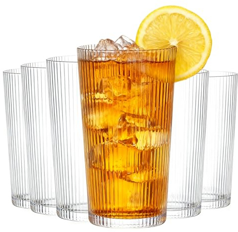 MYKAGS Lot de 6 grands verres vintage en verre transparent style origami, parfaits pour une utilisation en bar, boissons, café glacé, jus, vagues, 390 ml, verrerie élégante pour la maison