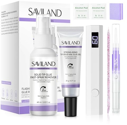 SAVILAND Nagelkleber für Kunstnägel mit Entferner 60 ml, Solid Nail Glue Gel mit U V Lampe für Press On Nails & Nagel Tips, Blitzentfernung für Kunstnägel, Nagelhautöl, DIY Salon