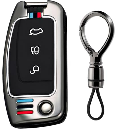 Ysbxitu Autoschlüssel Hülle Cover kompatibel mit Ford Fiesta Focus Kuga Mk2 Mk3 Puma Mondeo C-max Ecosport Auto Schlüssel Schlüsselcover Leder，Schlüsselhülle mit Schlüsselanhänger B Schwarz