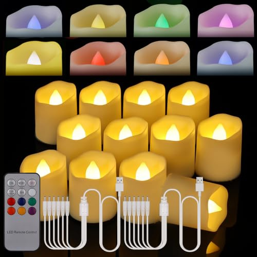 Porashine Wiederaufladbare Teelichter 12 Stück LED Kerzen warmweiß/RGB/7 Farben mit Fernbedienung Timer USB Kabel 3D flammenlose für Zuhause Zimmer Tisch Halloween Weihnachten