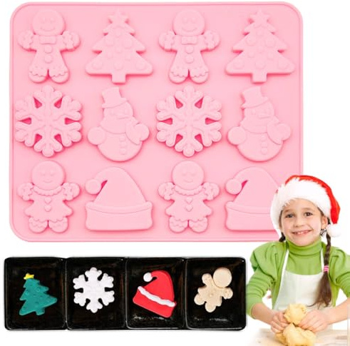 FUKPO Weihnachten Silikonform Rosa, Lebkuchenformen Silikon Backform Silikonformen Seifenform Schokolade Seife Pralinen, Lebkuchen Form Pralinenform Schokoladenform Backen Schneeflocke Weihnachtsbaum