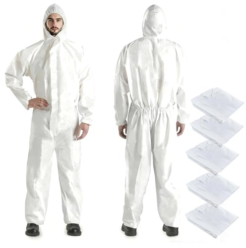 dapdop 5 Pack XL Hazmat Suits, Heavy Duty Full Body Disposable Paint Suits, Coveralls with Hood, Elastic Wrists