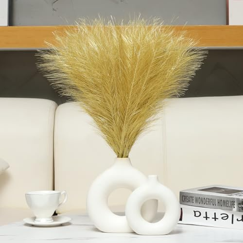 Ureymx Faux Pampas Grass Decor 17.7 Inch 6pcs, Artificial Pompas Grass Bulk Artificial Dried Flower Small Vase Filler for Boho Home Wedding Decoration (Gold)