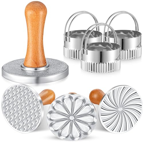 Wenqik 6 Pcs Cookie Stamps Round Metal Press with Wood Handle, Combine