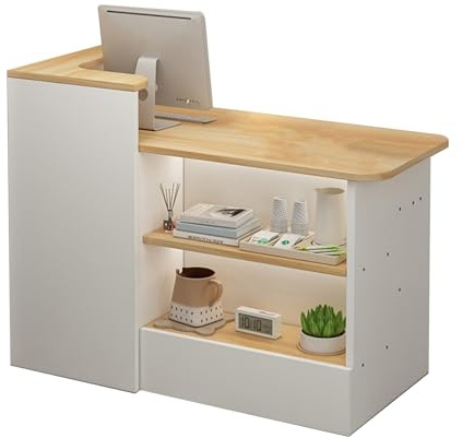 Receptionsdisk, stor disk med lådor och skåp, öppna skiljeväggar for företagsrum, hotellreception, klädaffärer(Beige - left,140cm/55.1in)