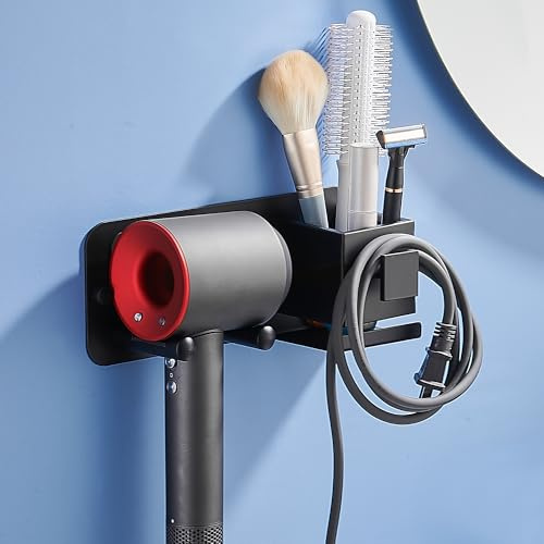 ASKLUND Porta Phone Bagno da Muro, Reggi Phon da Parete Supporto Asciugacapelli Adesivo Portaphone con Portacavi e Mensola Doccia per Bagno Parrucchiere e Hotel(Nero)