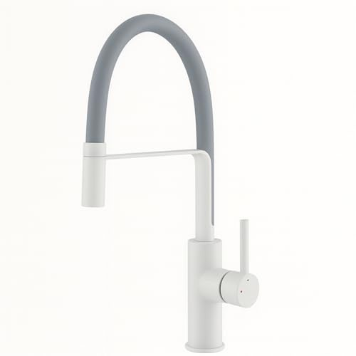 Jeroni Chef Pull-Out Kitchen Mixer Tap White Body Grey Flexible Spout | Single Lever Control for Easy Kitchen Sink Installation | Pull-Out Tap with Flexible Grey Spout