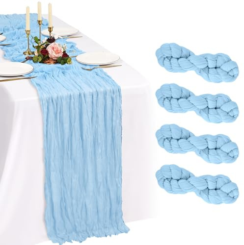 Showgeous Babyblau Käsetuch Tischläufer Extra Breit 90x300cm | 4 Stück Boho Tischläufer Abwaschbar Romantische Rustikale Tischdekorationen für Hochzeit Party Geburtstag Feiertag Zuhause