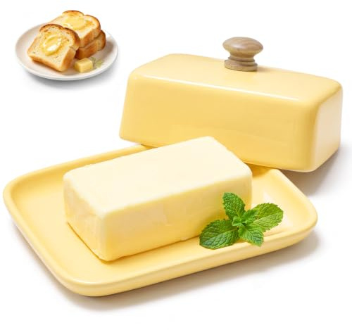 Mantequera de Cerámica con Tapa, 250 g, de Porcelana, Protección contra el Polvo y Aroma, Apta para Lavavajillas, Microondas y Horno (Amarillo)