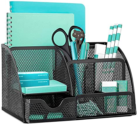 OKPOW Mesh Desk Organiser,Multi-Use Desk Tidy & Pen Holder with 6 storage and 1 Slide Drawer,Stationary Organiser for School,Home,Office desktop supplies (Black)