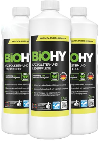 BiOHY KFZ Polster- & Lederpflege (3 x 1L) | Staubsaugerdüsen-Reiniger für Auto-Innenraum | Fleckenentferner für Sitze & Teppiche | biologisch abbaubar | Nass-Sauger